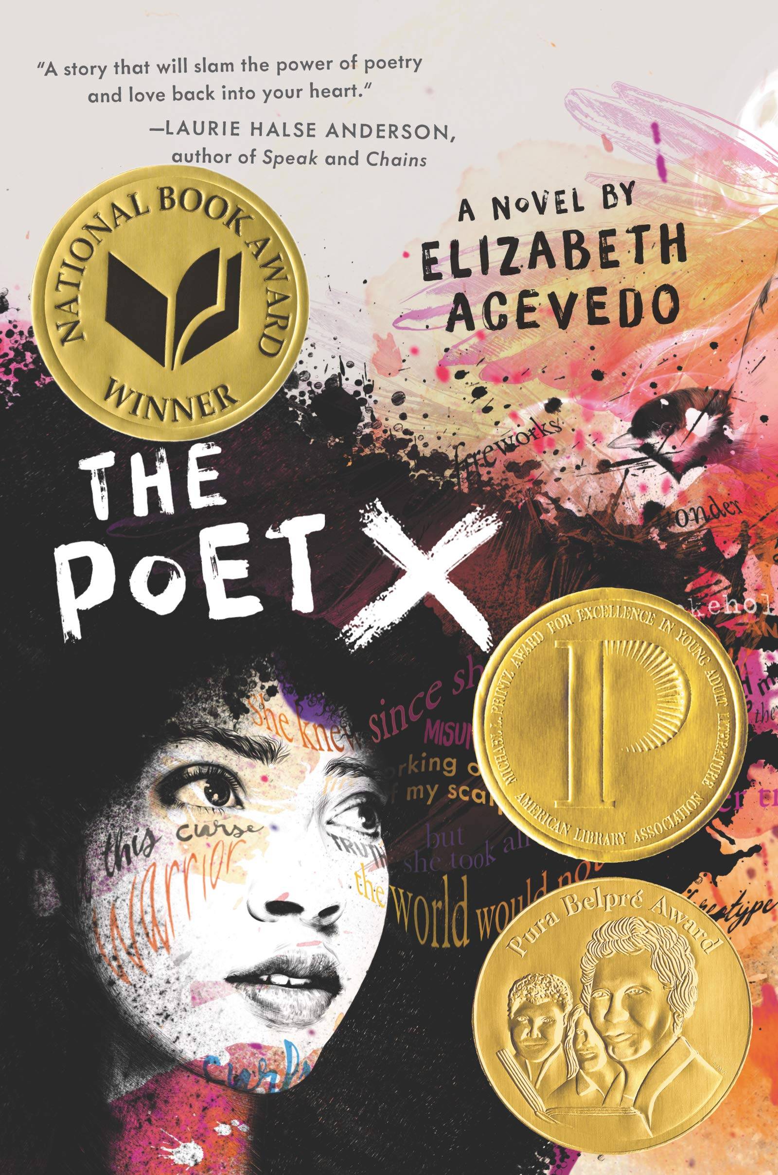 "the poet x" cover featuring the face of a woman with an afro in the corner and wavy lines of text across her face and the rest of the cover.
